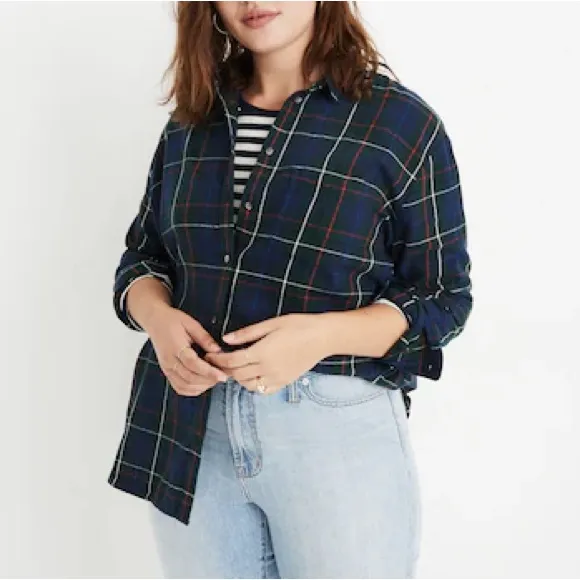 Madewell Flannel Oversized Ex-Boyfriend Shirt in Dark Plaid 100% Cotton Size XS - Image 8