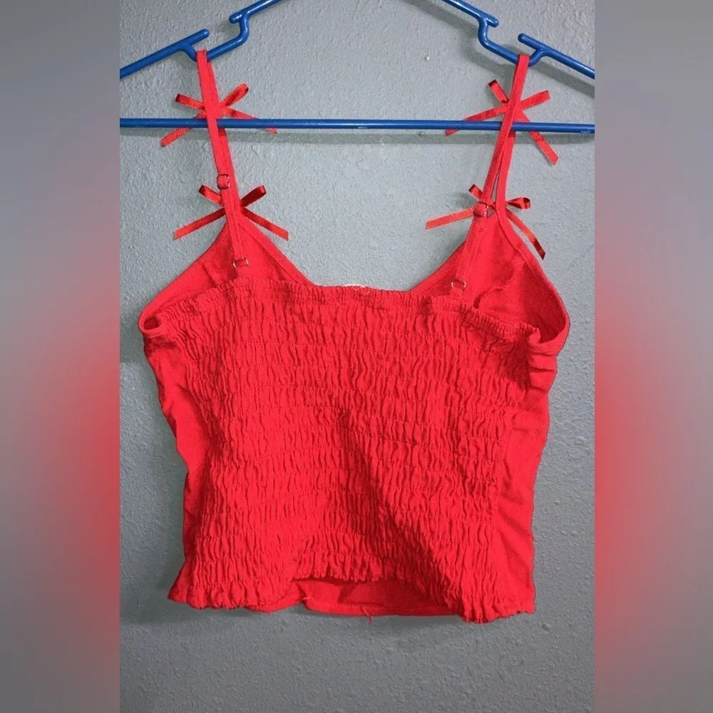 Sienna Sky Vibrant Red linen Blend bow detail Crop top #736 - Image 3
