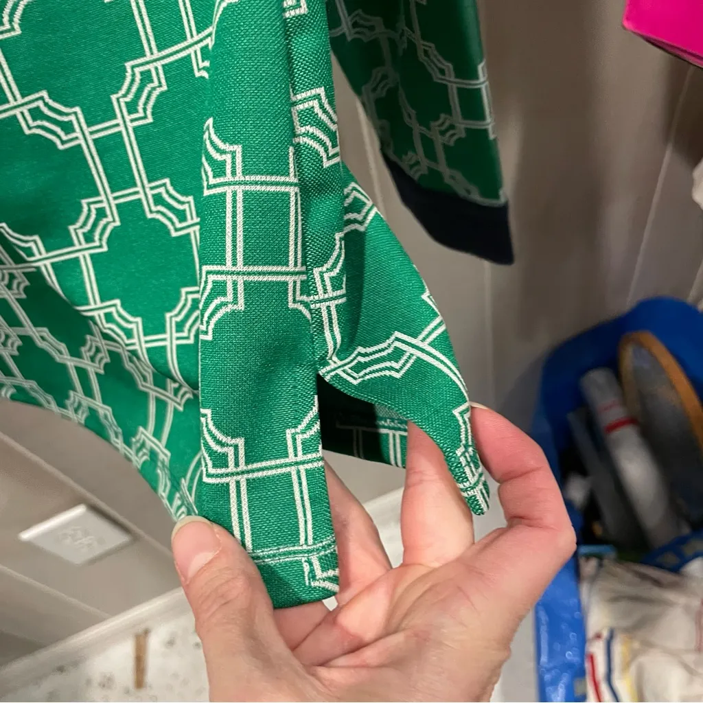 Cute / Ugly Christmas contest winner 🏆  green geometric print navy trim henley - Image 10