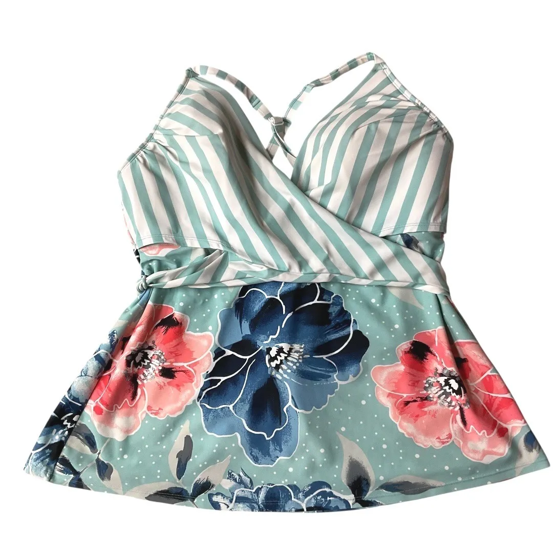 Cacique Women's Sleeveless Stripe Floral Printed Tankini Swimsuit Top Size - Image 6