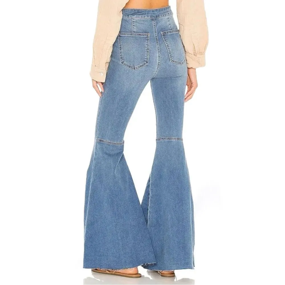 Free People Float On Super Flare Jeans Love Letters Medium Wash Wide Leg Size 26 - Image 4