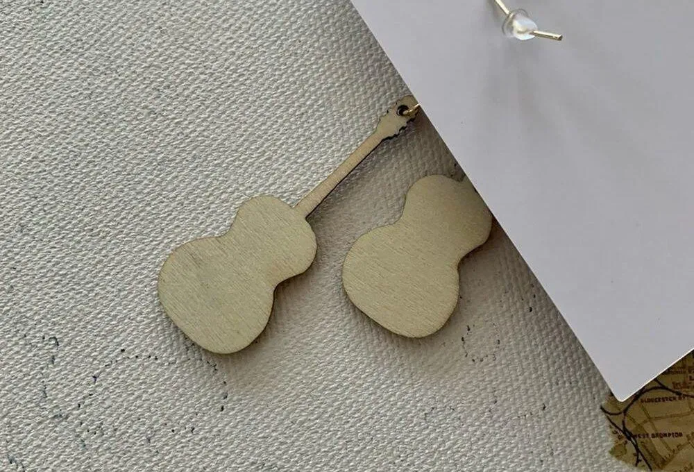 Multicolor Retro Floral Wooden Guitar Drop Festival Statement Earrings - Image 3