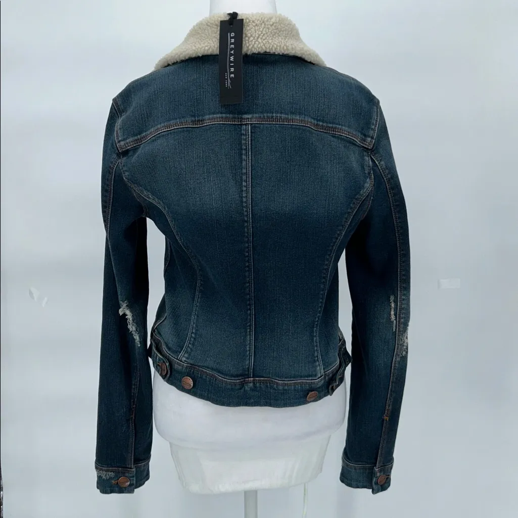 Greywire Sherpa Collar Denim Jacket Dark Wash Fitted Women Size L Blue Size L - Image 6