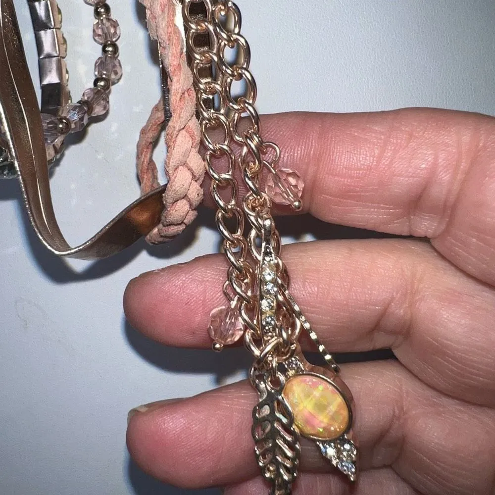 Set of Four Boho Rose Gold Tone‎ Charm, Rhinestone and Leather Bracelets Pink - Image 5