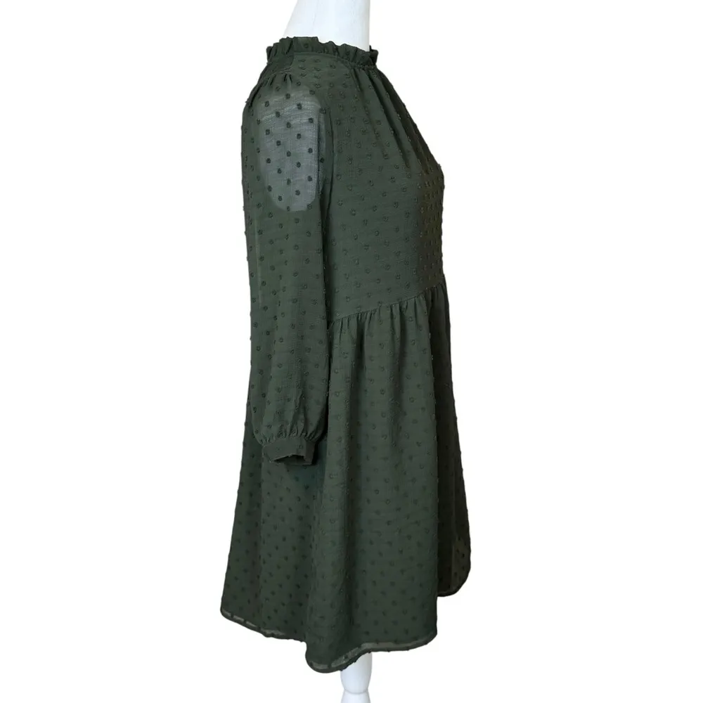 Loft Army Green Long Sleeved Swiss Dot Swing Dress Small Petite Casual Modest - Image 4