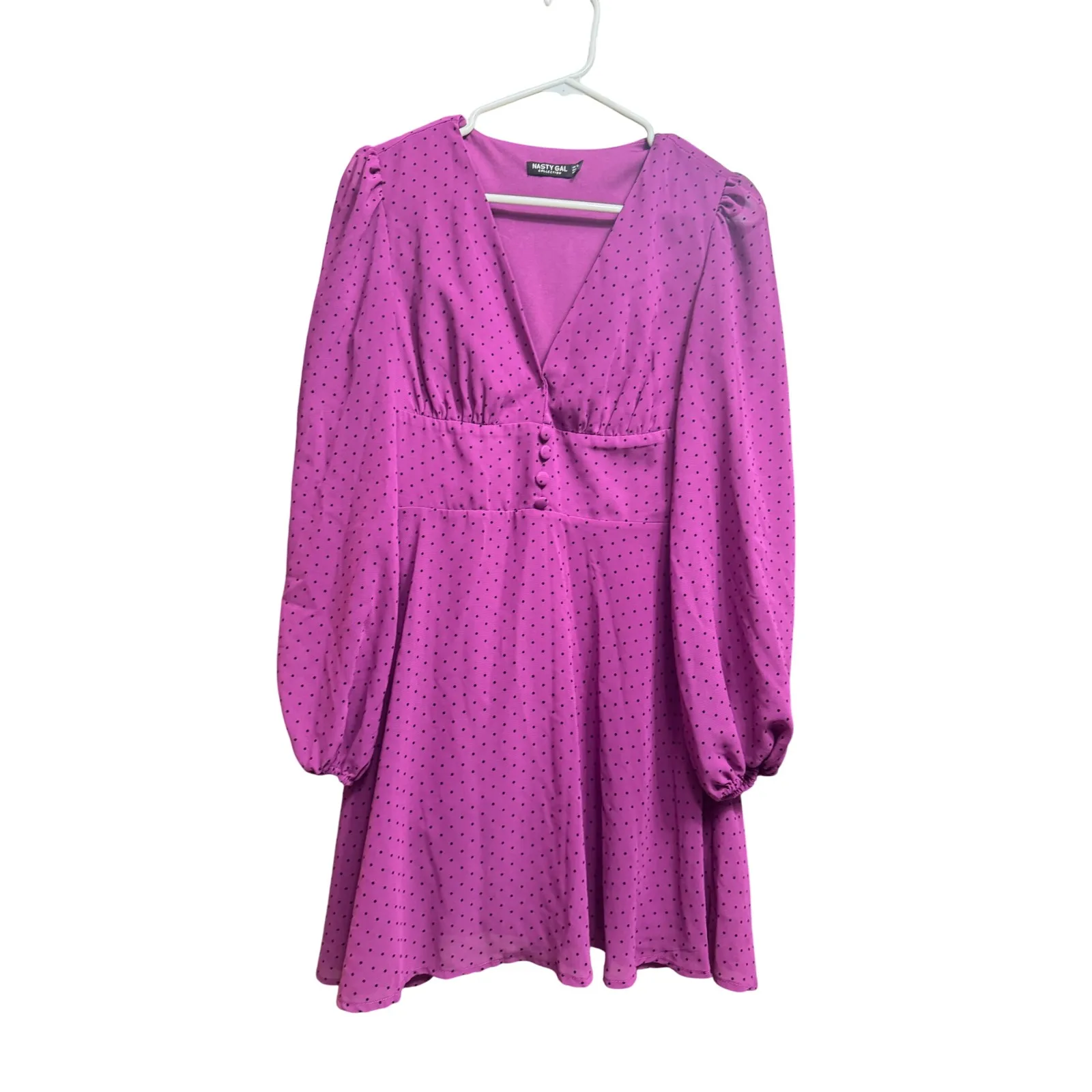 Nasty Gal Purple Polka Dot‎ Long Sleeve V Neck Button Up Mini Dress Size US 4 - Image 2