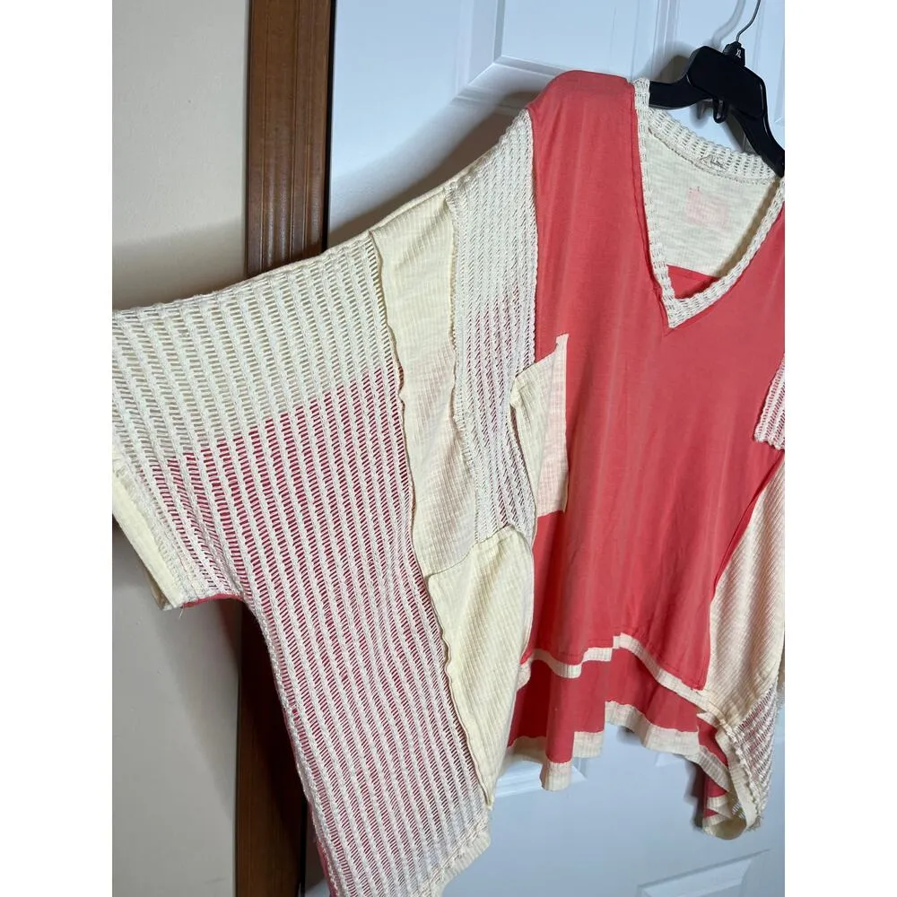POL High Low Contrast V Neck Salmon Pink and Cream Open Knit Top Large BOHO - Image 3