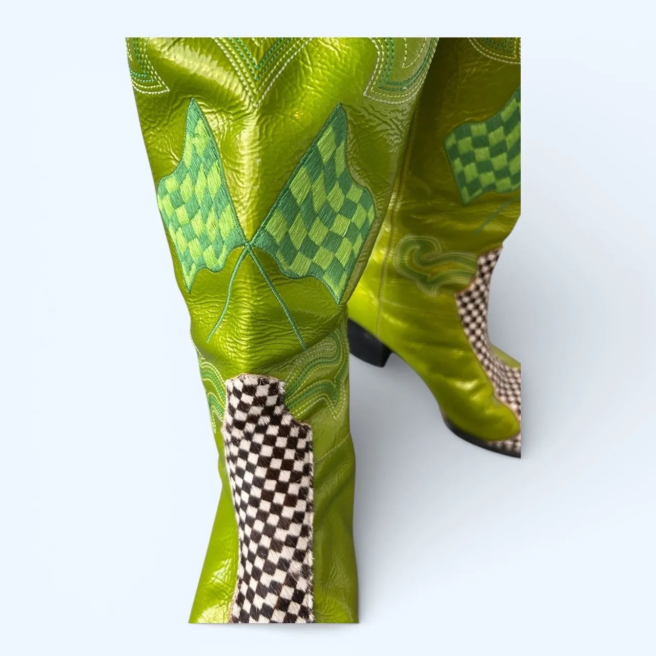 NASCAR Judy Cowboy Boots Green Leather Checkered Flag Racing Western Women's 7.5 - Image 5