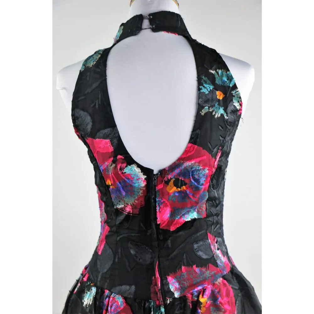 Vintage 1980s Black Floral Backless Cachet Dress By Bari Protas Medium - Image 4