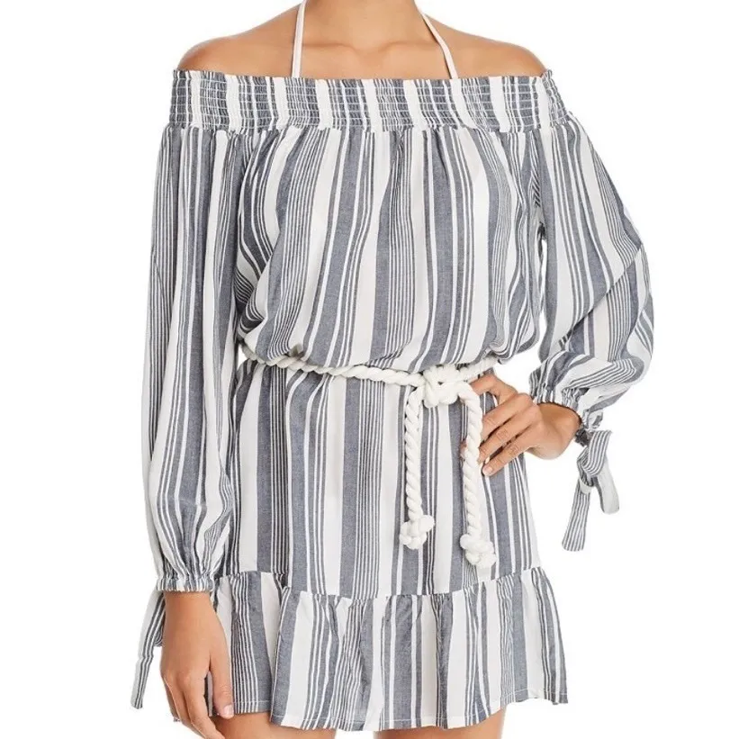 Surf Gypsy Blue White Stripe Off Shoulder Dress Sz M Nautical Boho Beach Resort - Image 2