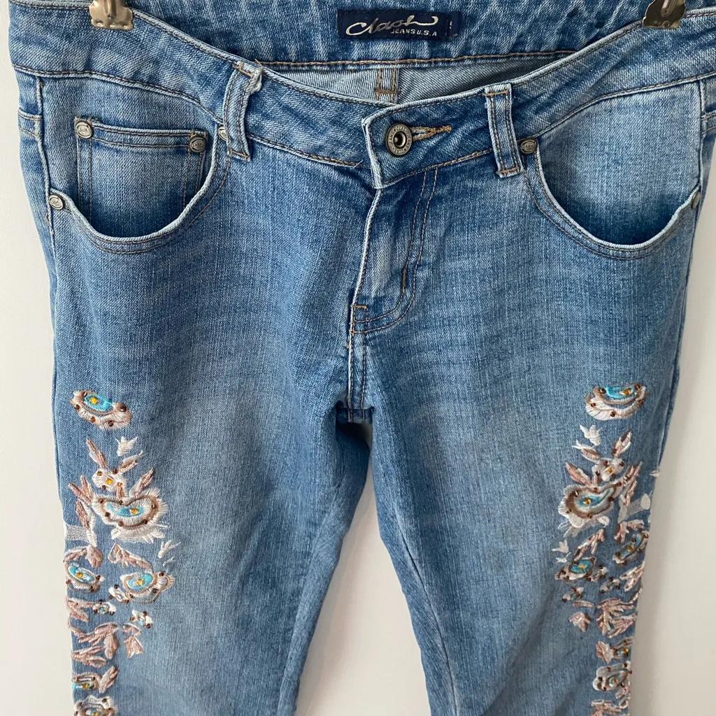 Y2K Vintage Embellished Embroidered Beaded Flare Jeans Low Rise 2000s Fairy Boho Blue Size 27 - Image 6