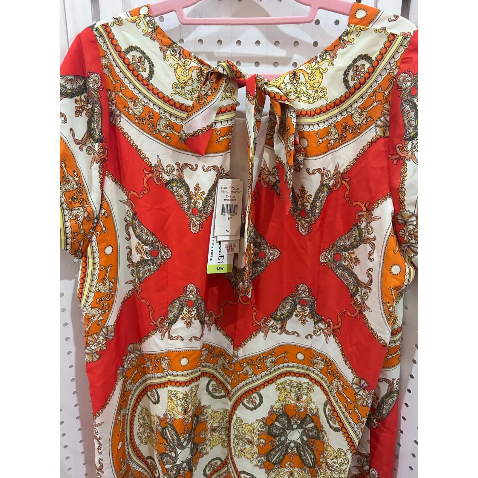 Danny & Nicole 18W Red Orange Baroque Print Short Sleeve Tie Back Dress Plus - Image 6