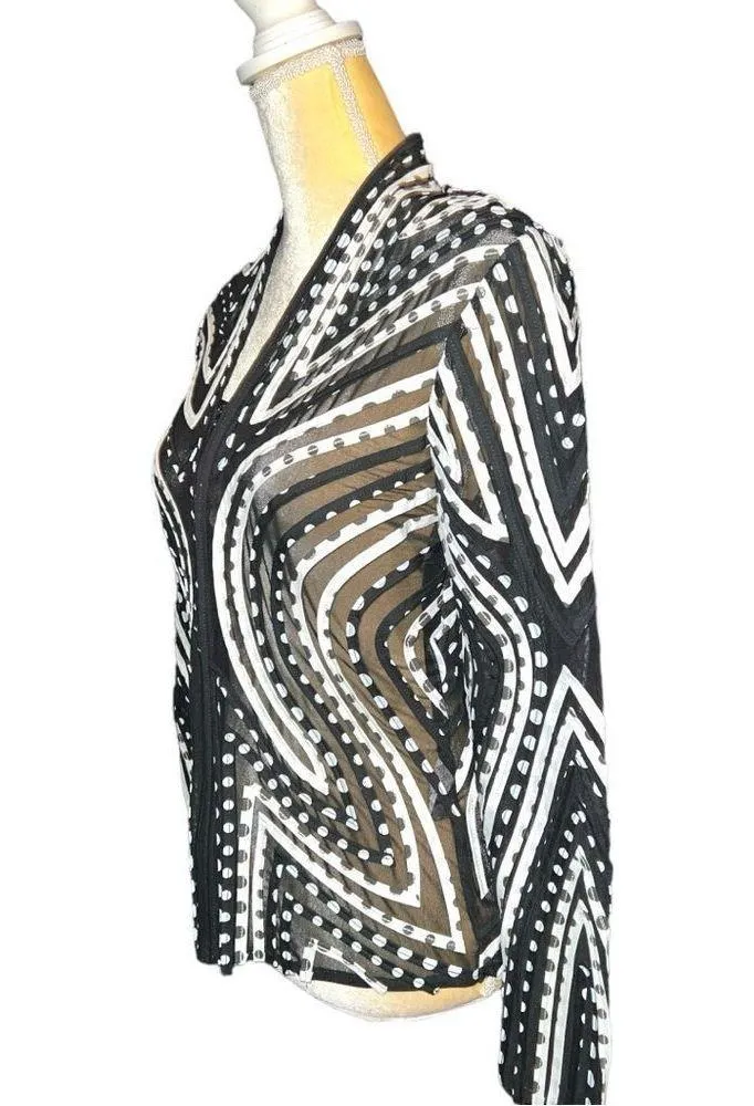Peck & Peck awesome semi sheer black zip front jacket with white abstract design - Image 6