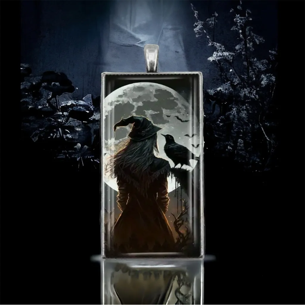 1pc Witch & Crow Pattern Rectangular Pendant Necklace Exquisite Silver‎ Plated Silver - Image 8