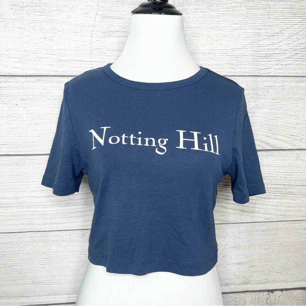 Topshop Navy Blue Notting Hill Crop Top Boxy Cropped Graphic Tee Size 12 Large - Image 4