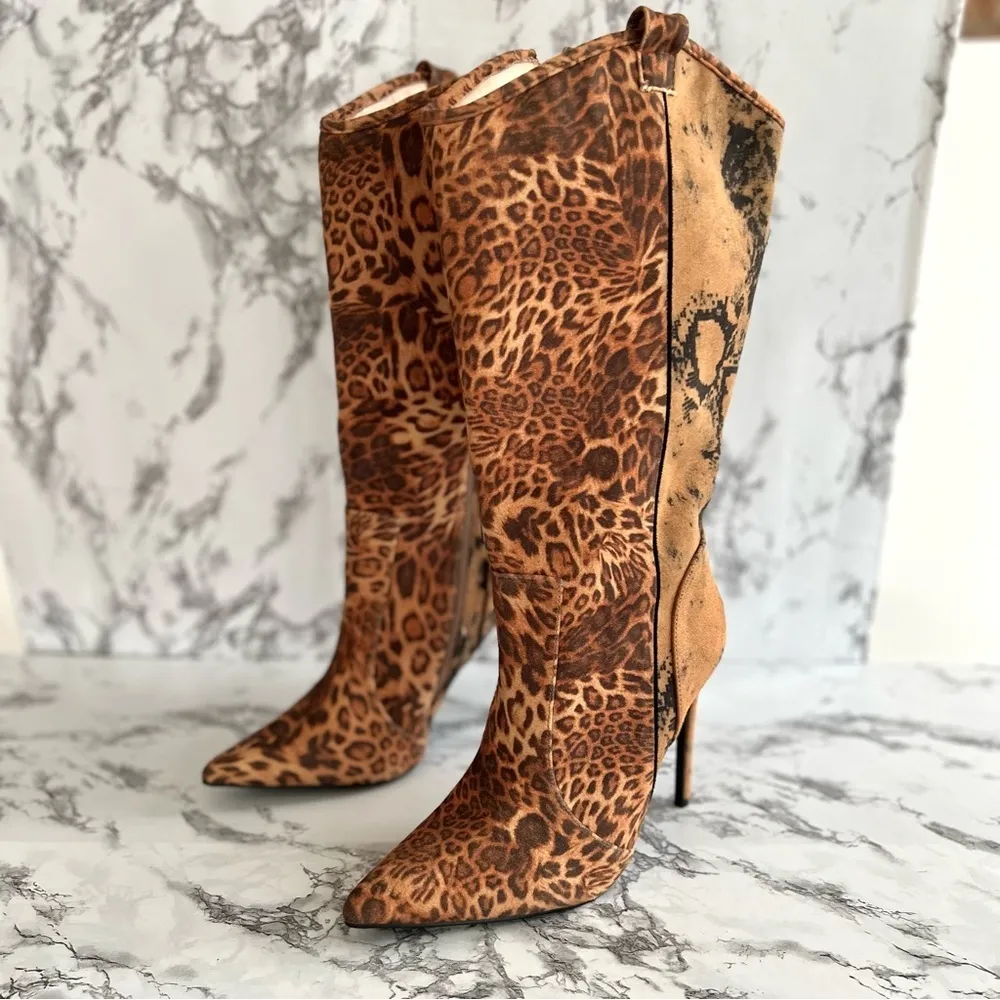 Prettylittlething Boots Animal Contrast Print Faux Suede Knee High 7 Edgy Chic - Image 3