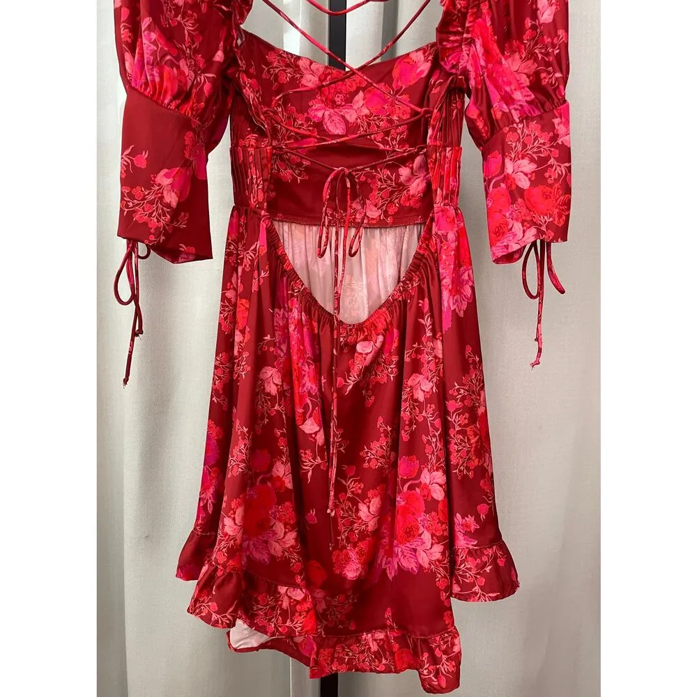 For Love & Lemons Alia Mini Dress Red Size Small NWT Lace Up Back Flirty Sassy - Image 9