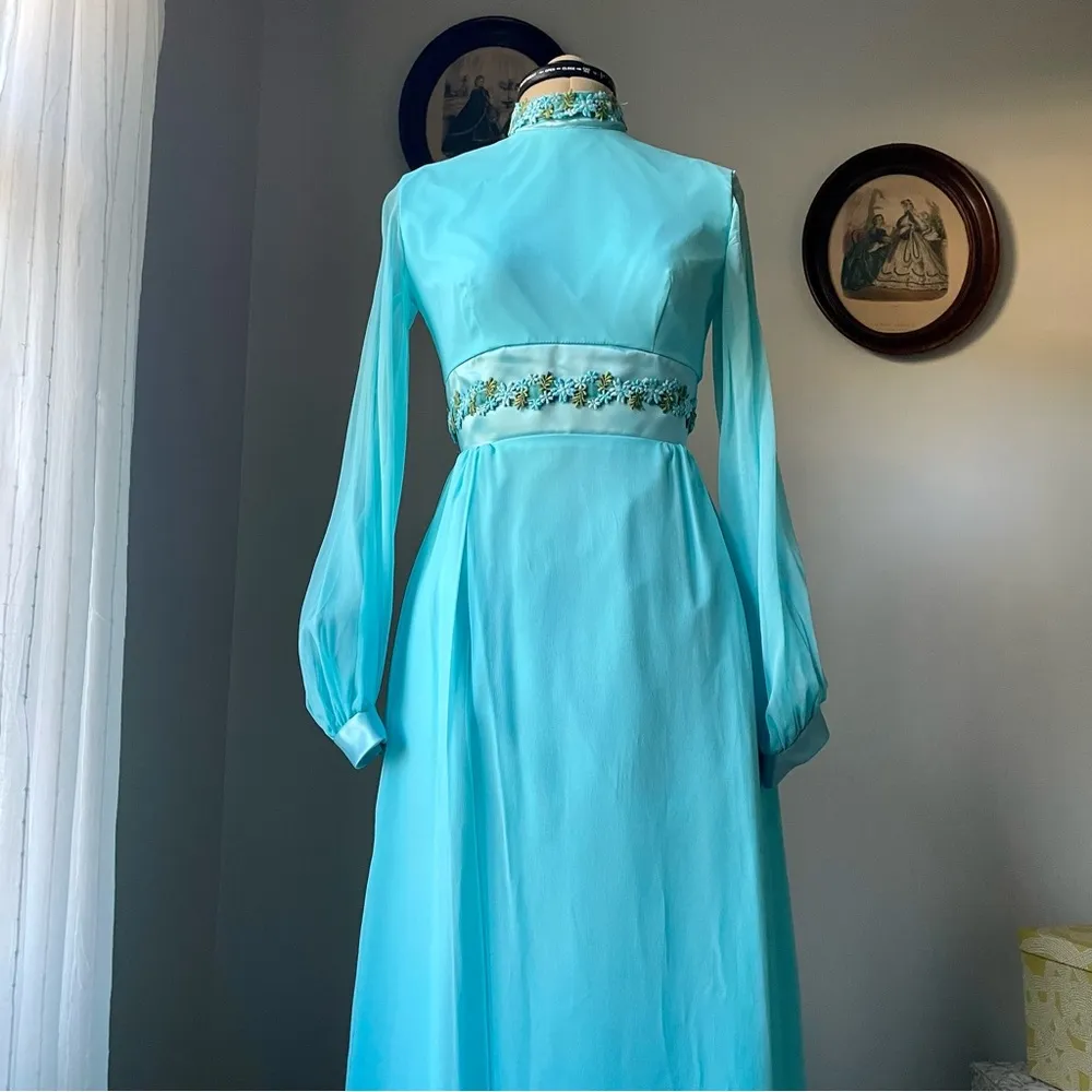 VINTAGE 1960s mod gown in teal with floral ribbon and chiffon Size 0 - Image 5