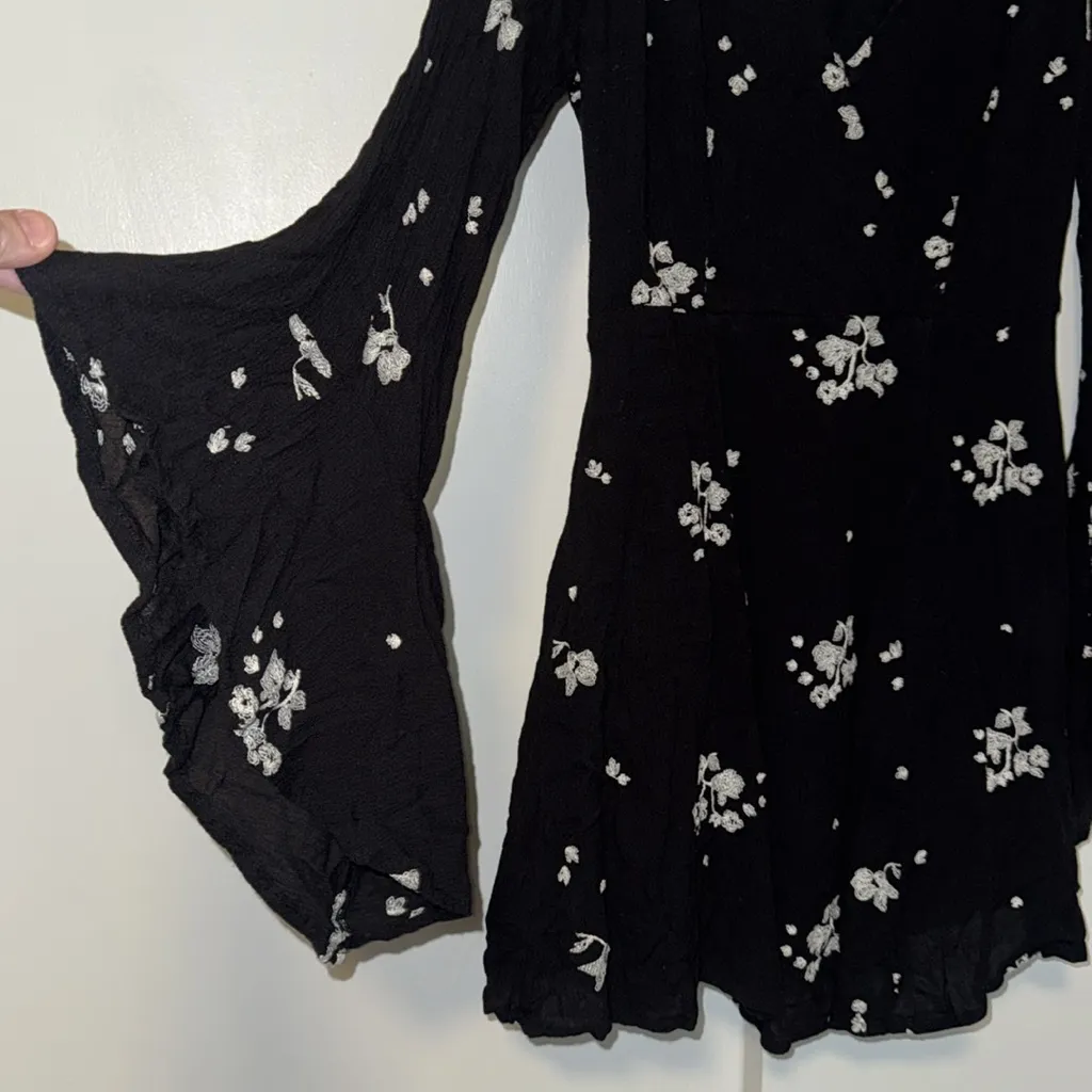 Free People Jasmine Embroidered Boho Dress w Bell Sleeves Black White Women’s 2 - Image 6