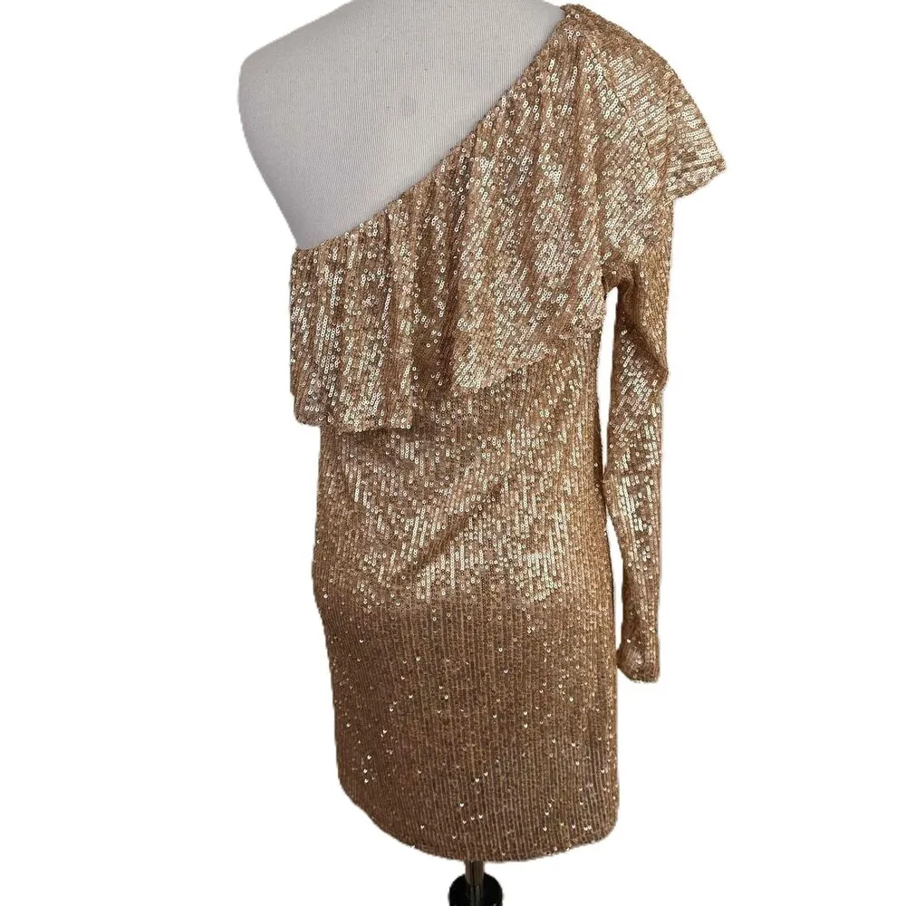 Zara Rose Gold Sequin One-Shoulder Dress Size Medium - Image 4