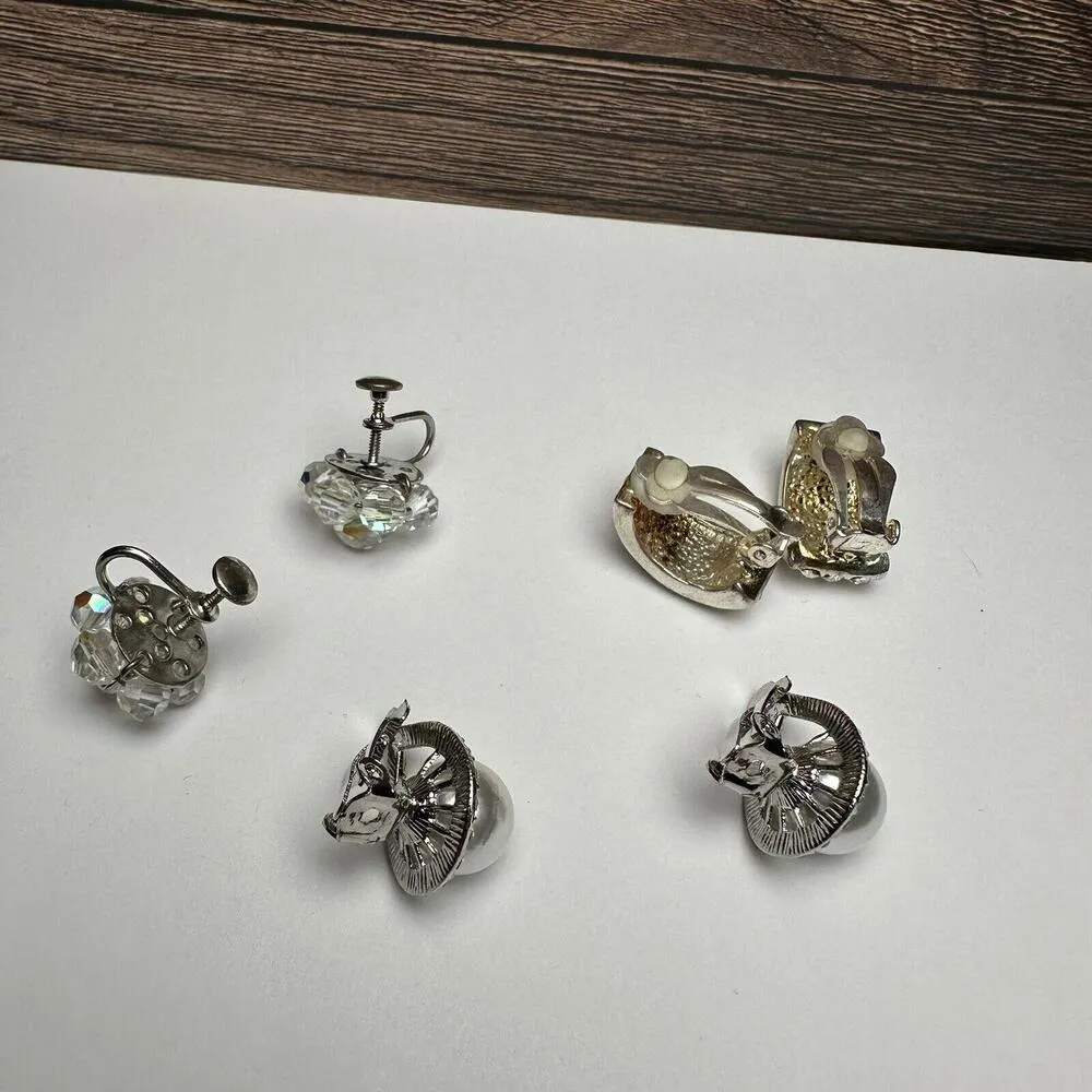 Silver Tone Rhinestone / Bead Cluster Mix Clip On Screw On Earrings Lot Of 3 - Image 9