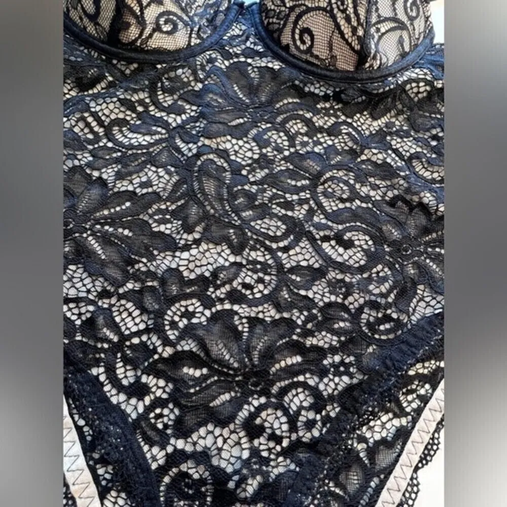 Sheer mesh sleeves floral lace spaghetti eyelash lace body suit. - Image 4