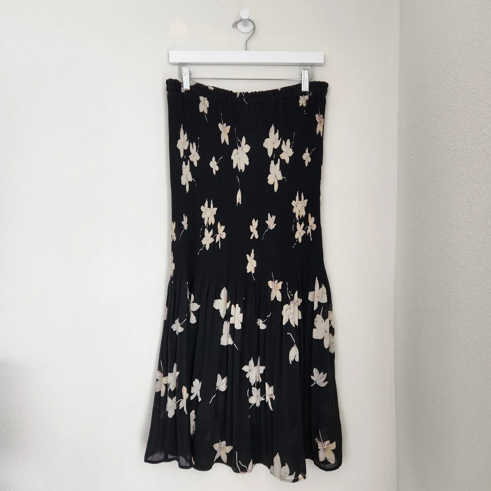 Vintage 90s Black Floral Pleated Chiffon Midi Skirt Whimsigoth Coquette M - Image 9