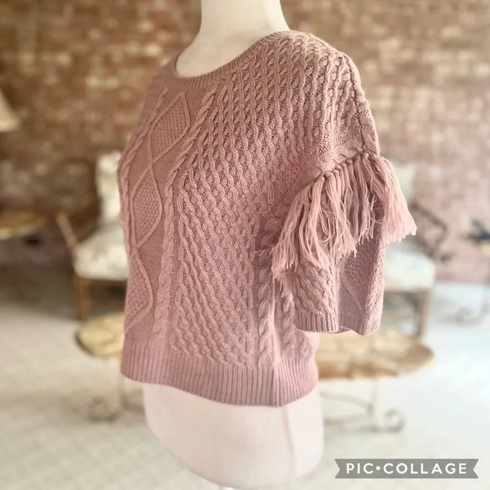 BB Dakota NWT Sweater Mauve Pink Cable Knit Crop Fringe Short Sleeve S Boho Chic - Image 8