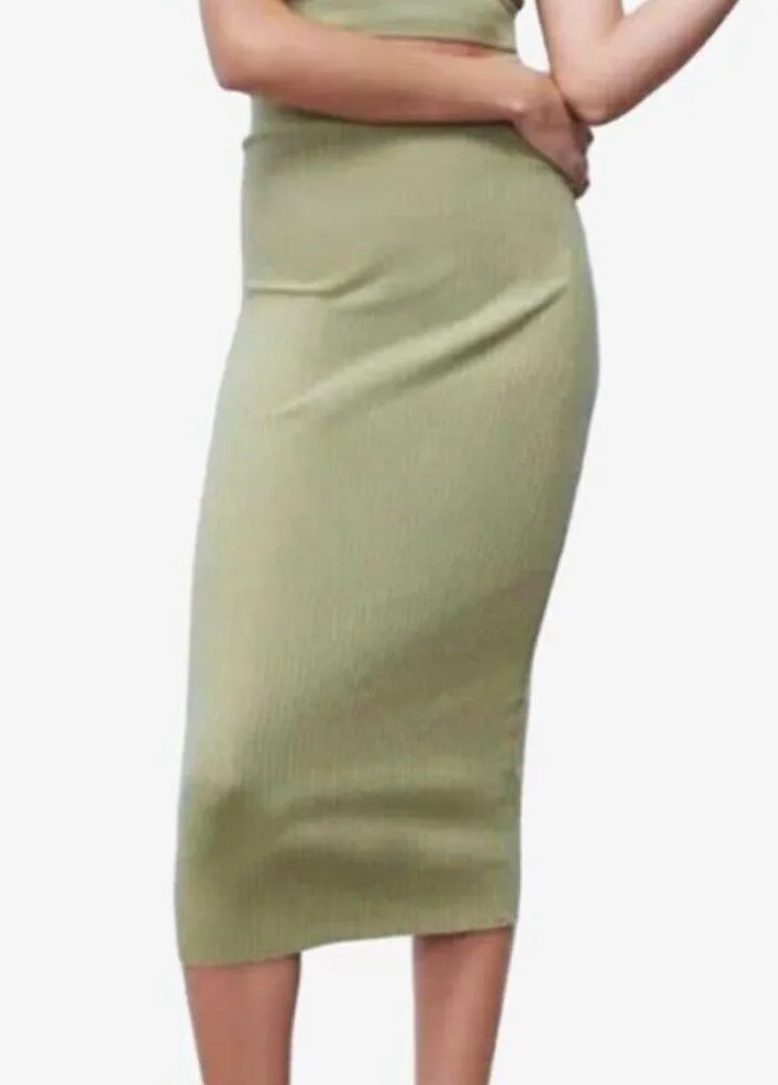 Zara Womens Ribbed Midi Skirt Size M Sage Green Cotton Blend Stretchy - Image 2