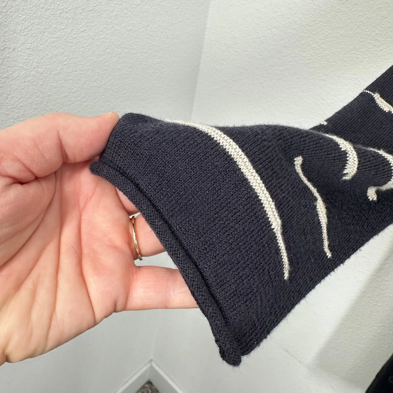 NIC+ZOE Size Large Navy Beige Abstract Stripe Open Front Long Line Knit Cardigan - Image 4