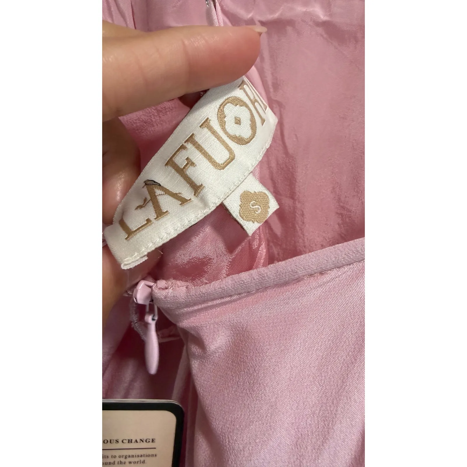 La Fuori 3D Floral Applique Ostrich Feather Pink Silk Backless Dress NWT $780 S - Image 6