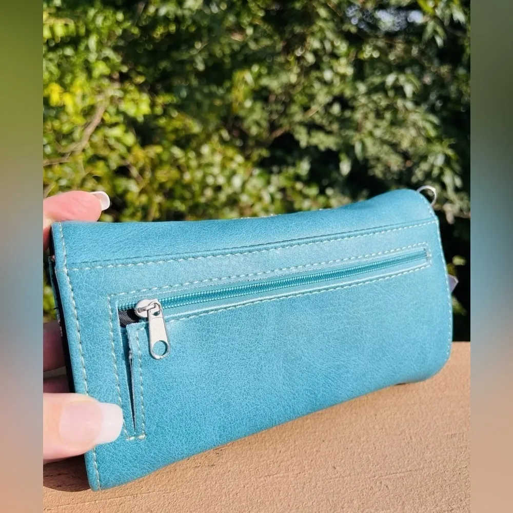 Skull Crossbones Turquoise Studded Western Wallet Biker Punk Rock NWT Blue - Image 2