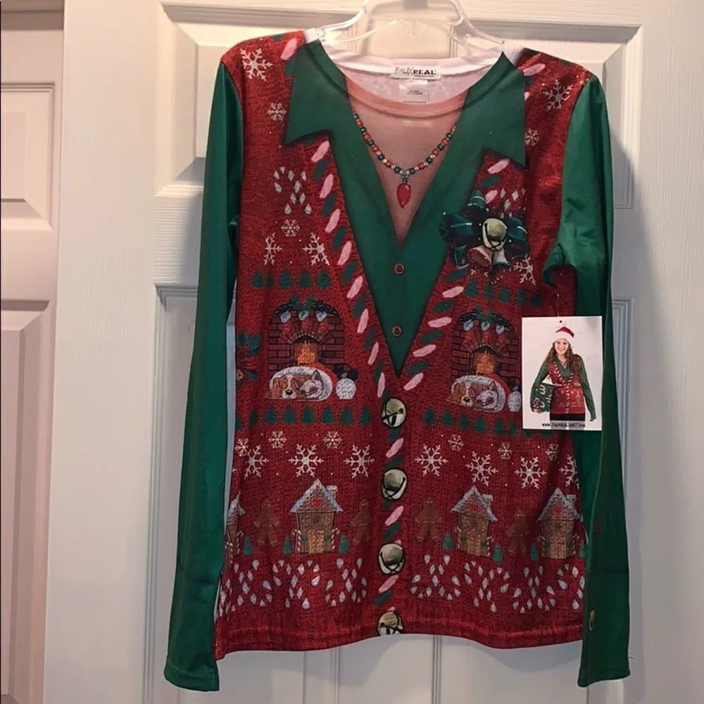 ✨FauxReal Ugly Christmas long sleeve shirt Green Size L - Image 3