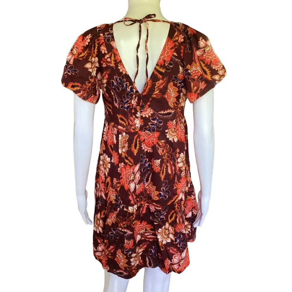 Old Navy Women's Brown and Orange V-Neck Tiered Floral Mini Swing Dress Small - Image 2