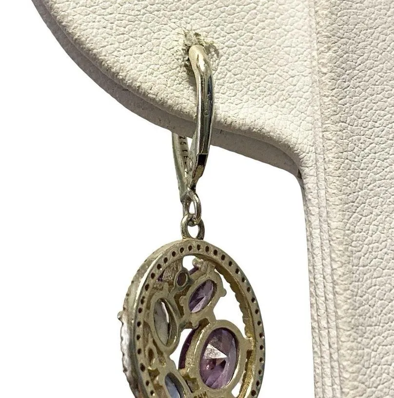 Gold Over Sterling Silver Blue Purple Green Topaz Dangle Elegant Drop Earrings - Image 3