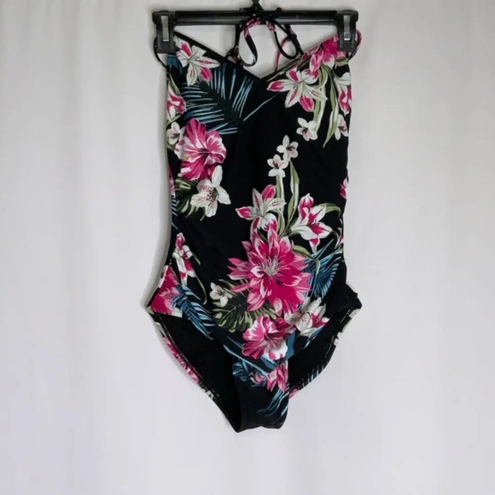 Kona Sol Black With Pink Tropical Floral Print Lace Up Back One piece Swimsuit M - Image 11