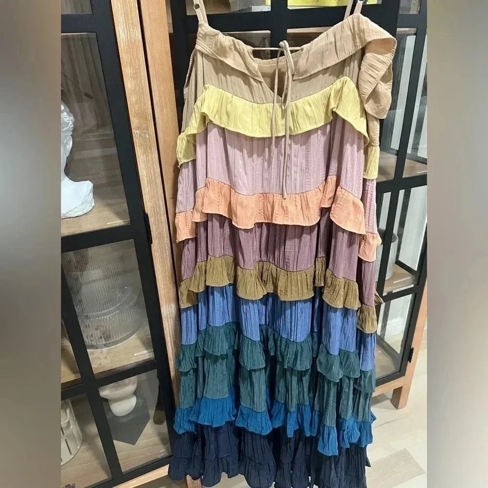 Storia tiered ruffles maxi midi dress muted rainbow flowy pregnancy summer - Image 7