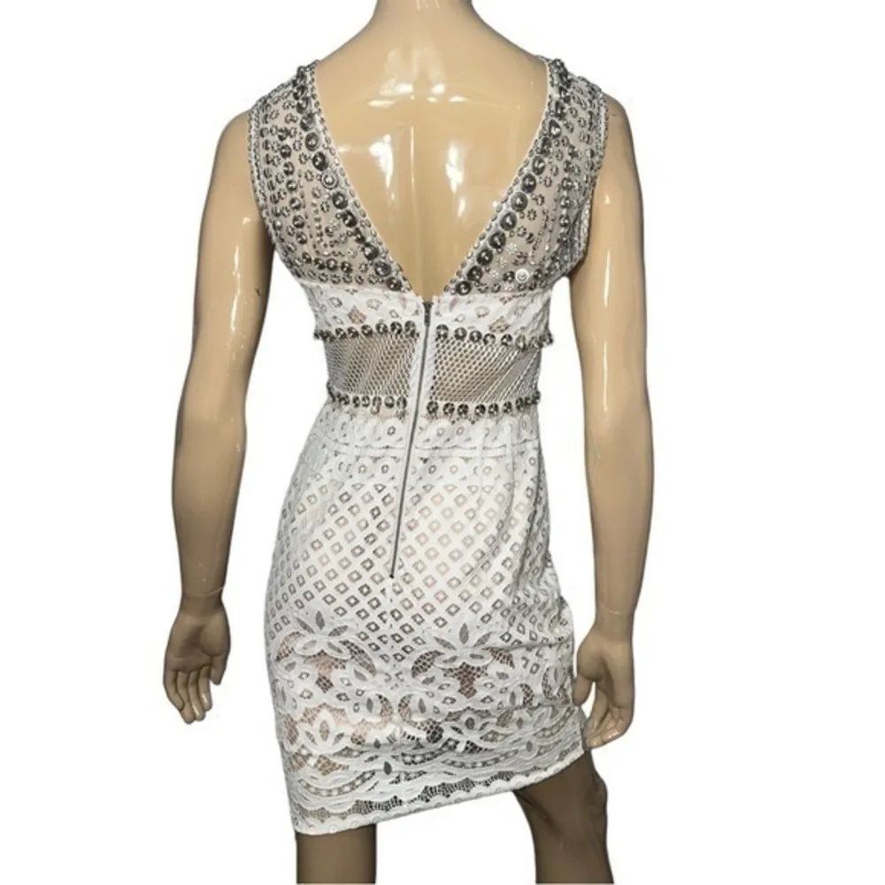 Tracy Reese Women’s Size 4 Ivory Lace Metal Flower Circle Bead Caps Tank Dress - Image 4