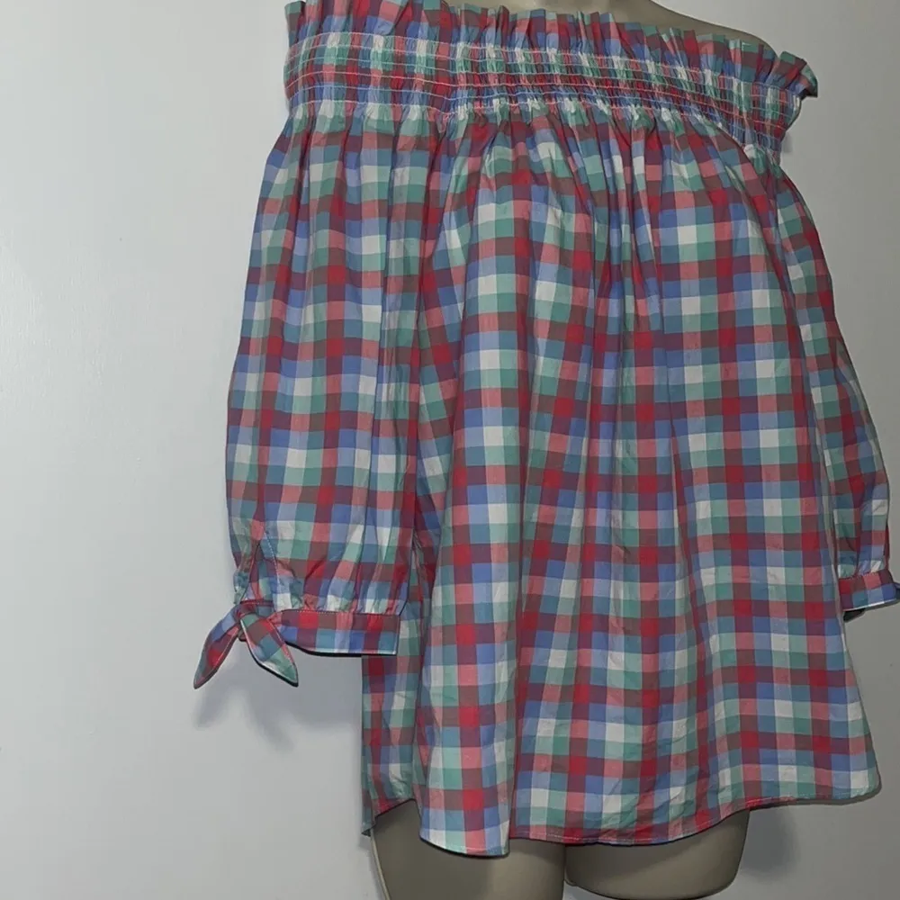 Kate Spade Madras Off Shoulder Top Blouse 3/4 Sleeve Pink Blue Gingham XXS - Image 2