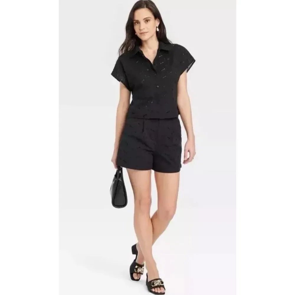 A New Day Women's High-Rise Pleated Eyelet Cotton Short Black Size 6‎ Cottage - Image 9