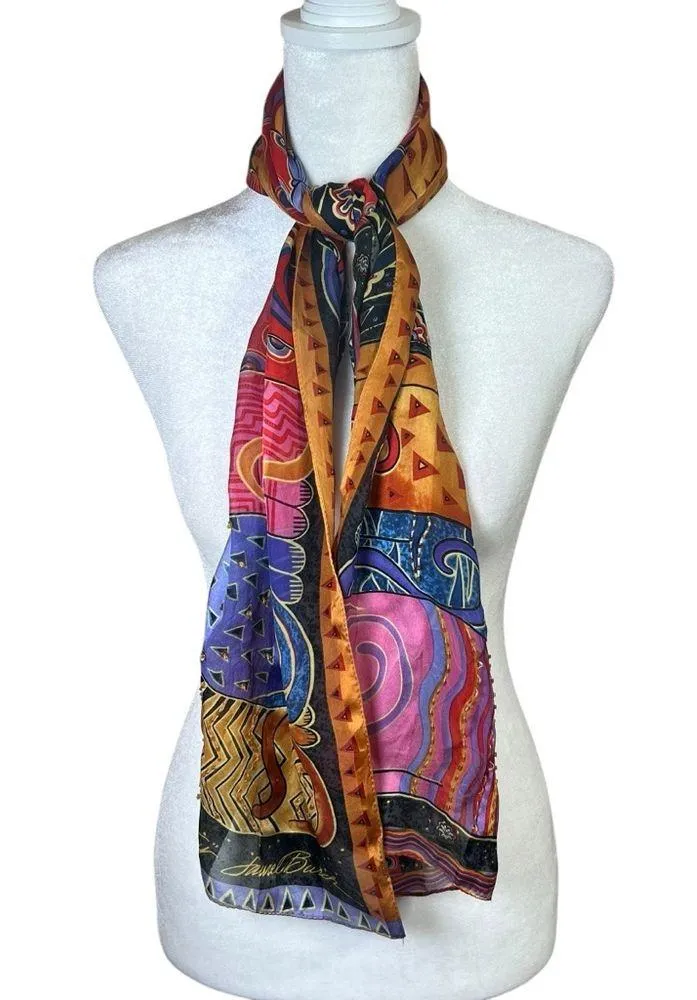 Vintage Laurel Burch Feline Family Portrait Cat Scarf 100% Silk Beaded Sequins Pink - Image 5