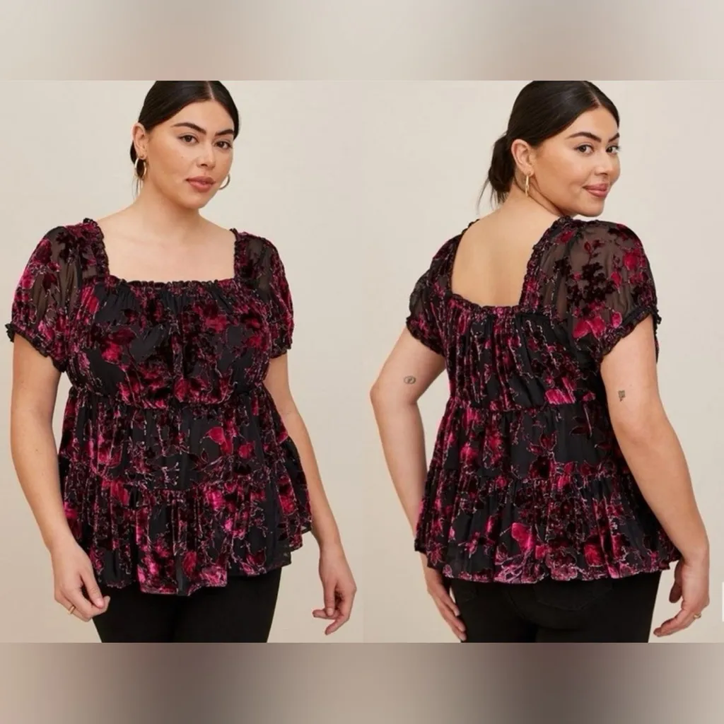 Torrid Women’s Velvet Babydoll Top Floral Tiered Size 1 - Image 2