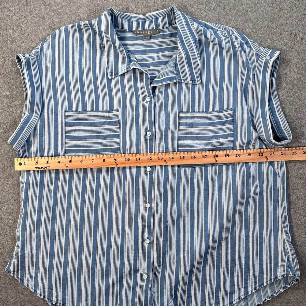 Sharagano Striped Button Front Top Women's Large Blue/White Pockets Collared - Image 6