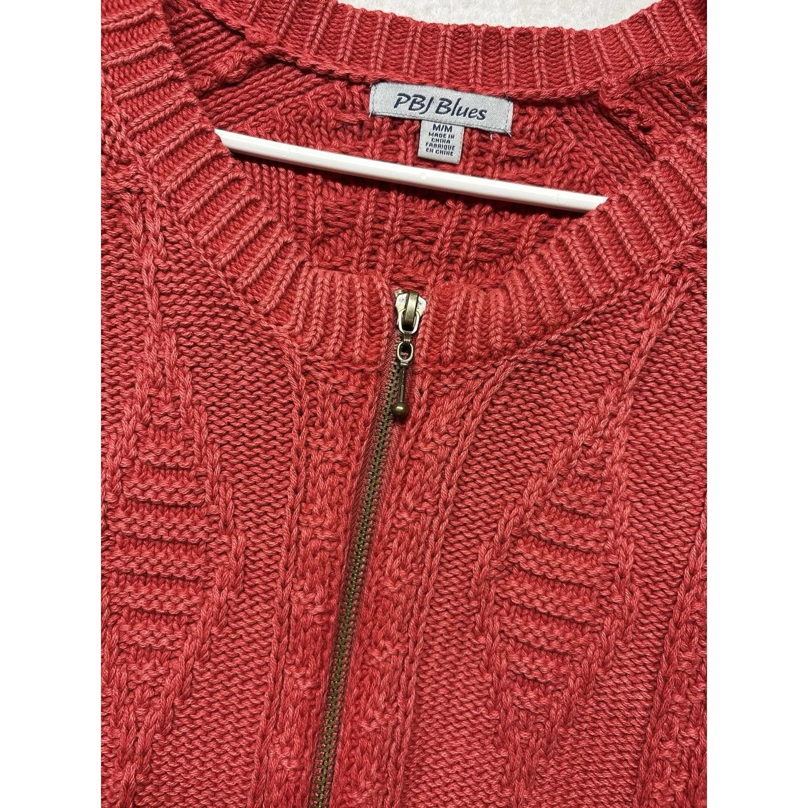 Vintage PBJ Blues Sweater Womens Medium Red Full Zip Cable Knit Cardigan Ramie - Image 3