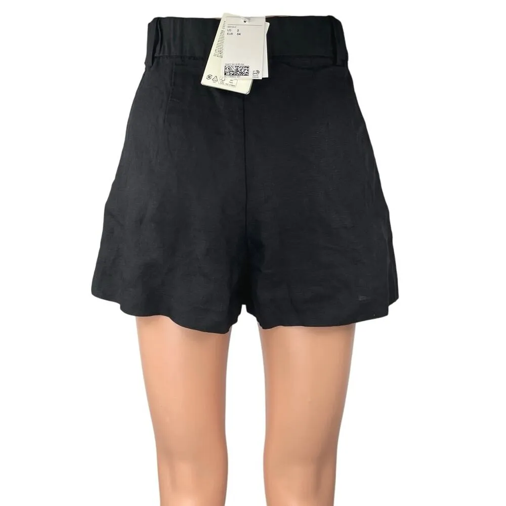 NEW H&M Women's Black Linen Blend Pleated High Waisted Mini Casual Shorts Size 2 - Image 3