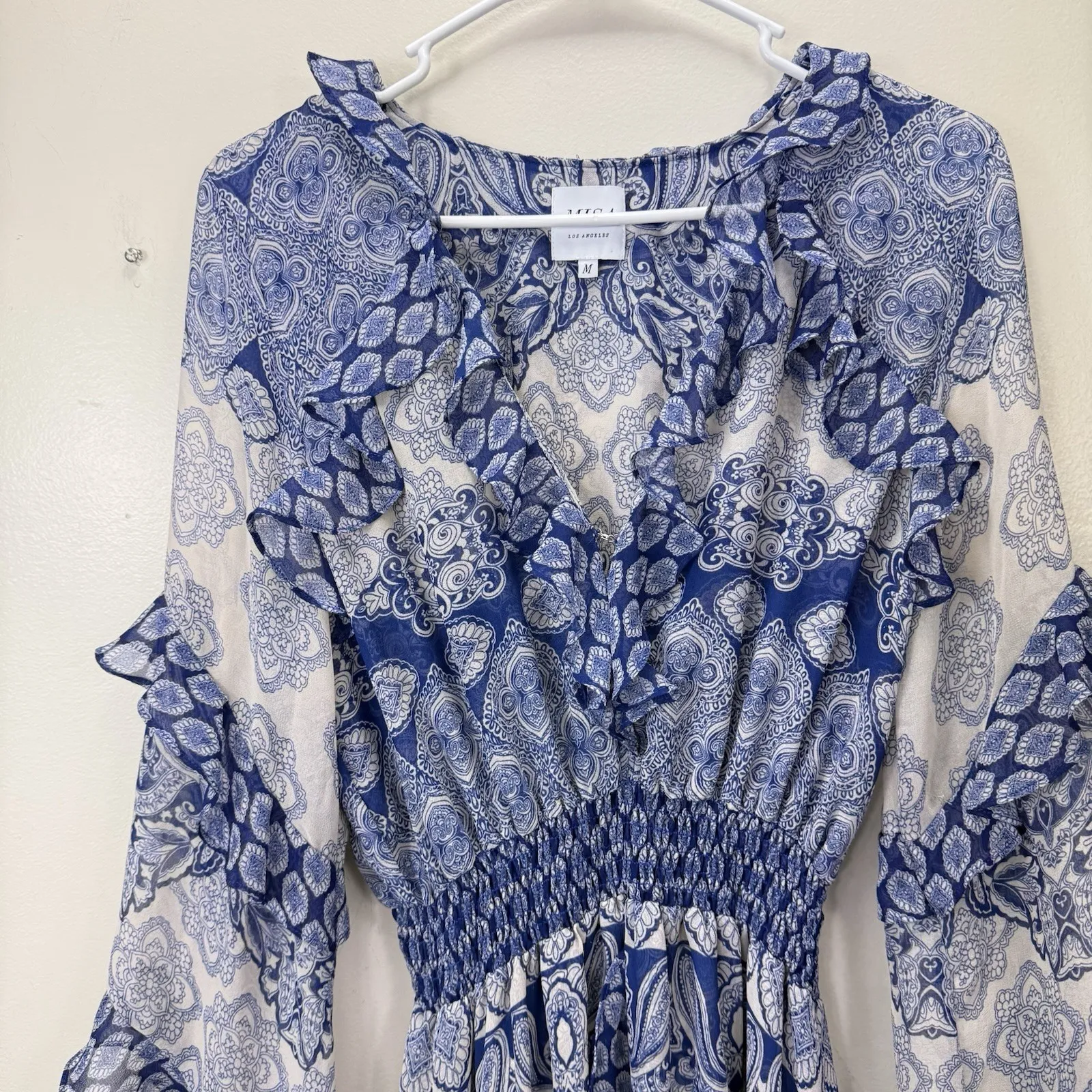 MISA Blue Majorelle Mixed Tile Farah Ruffle Boho Hi Low Maxi Dress MEDIUM - Image 8