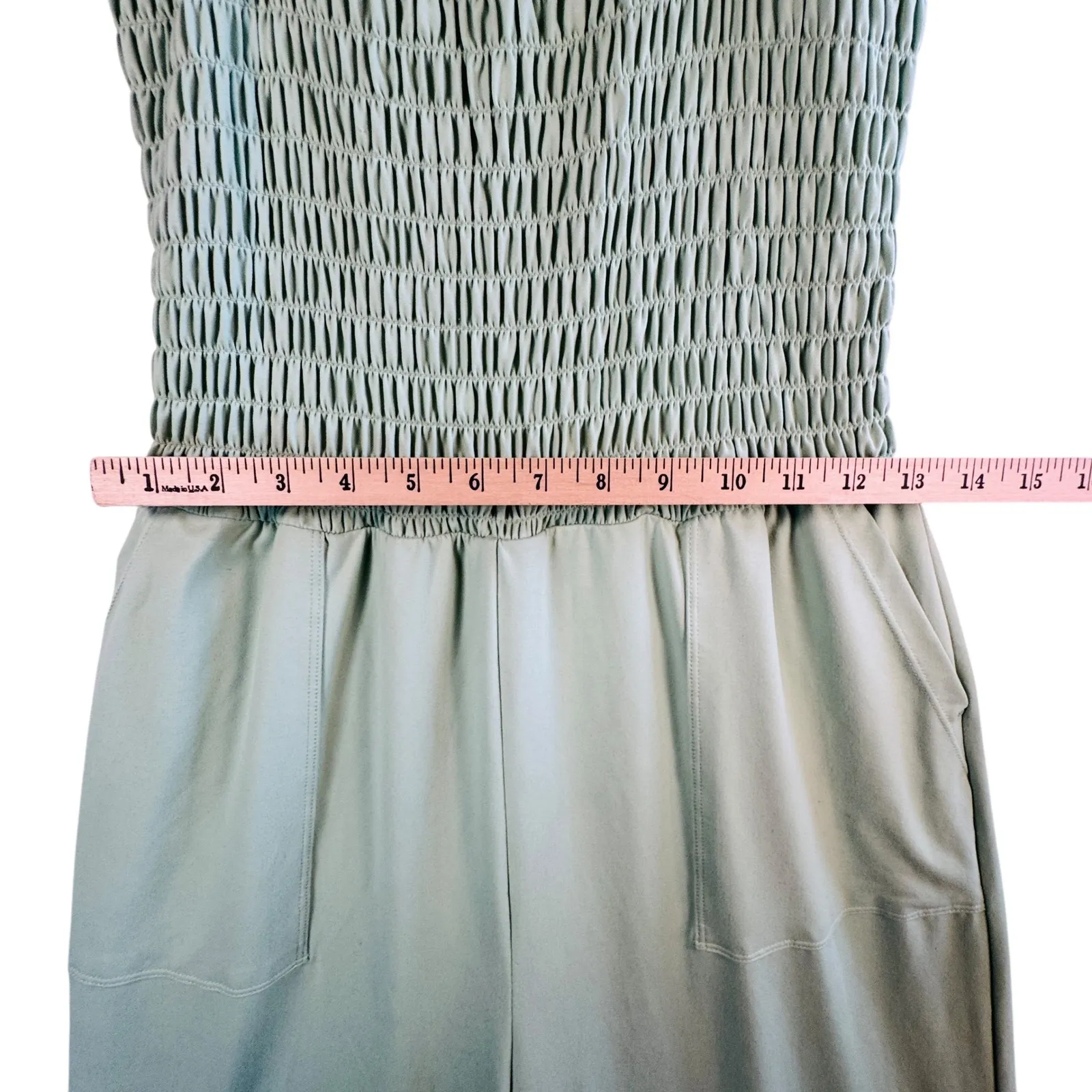 Rae Mode Sz L Green Smocked Wide‎ Leg Jumpsuit Stretch Pockets Soft Summer Size L - Image 6
