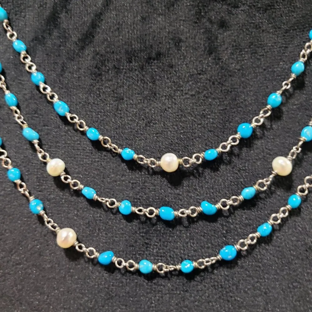 Silver Necklace Delicate Beaded Silver Necklace Pearl Silver Necklace Blue - Image 4