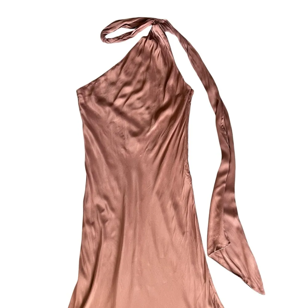 BHLDN Anthropologie Nicoletta One Shoulder Scarf Satin Midi Dress Cedar Brown XL - Image 4