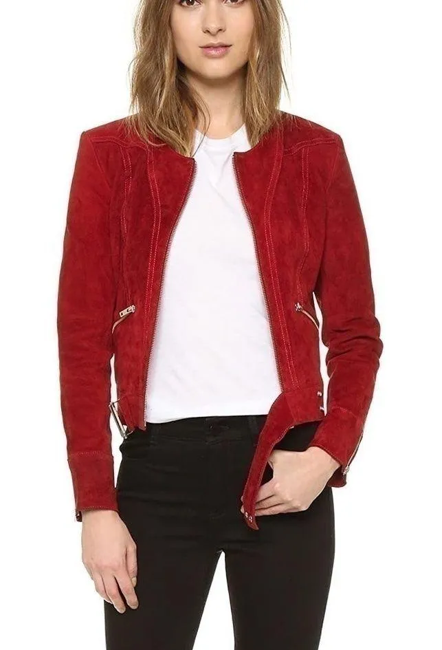 IRO Tatiana Red Suede Leather Jacket Silver Zippers Buckle Belt Fall Size 8 (40) - Image 1